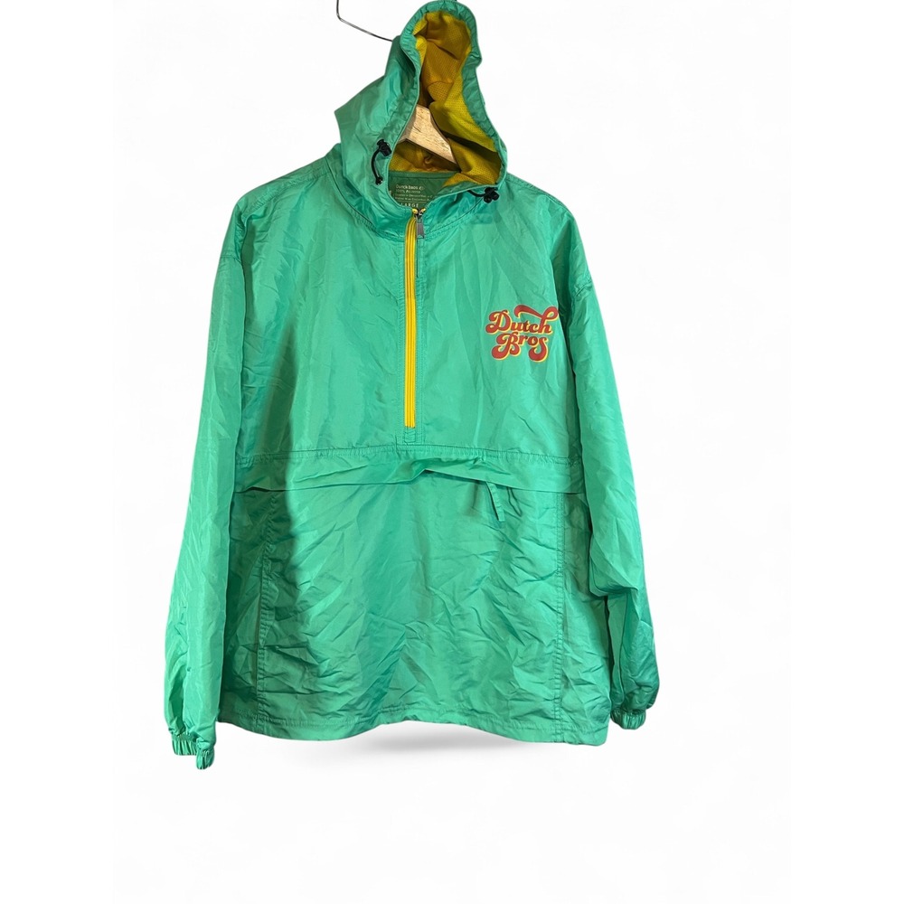 Dutch Bros Coffee Windbreaker Jacket Mens XL Green Yellow Quarter Zip Anorak